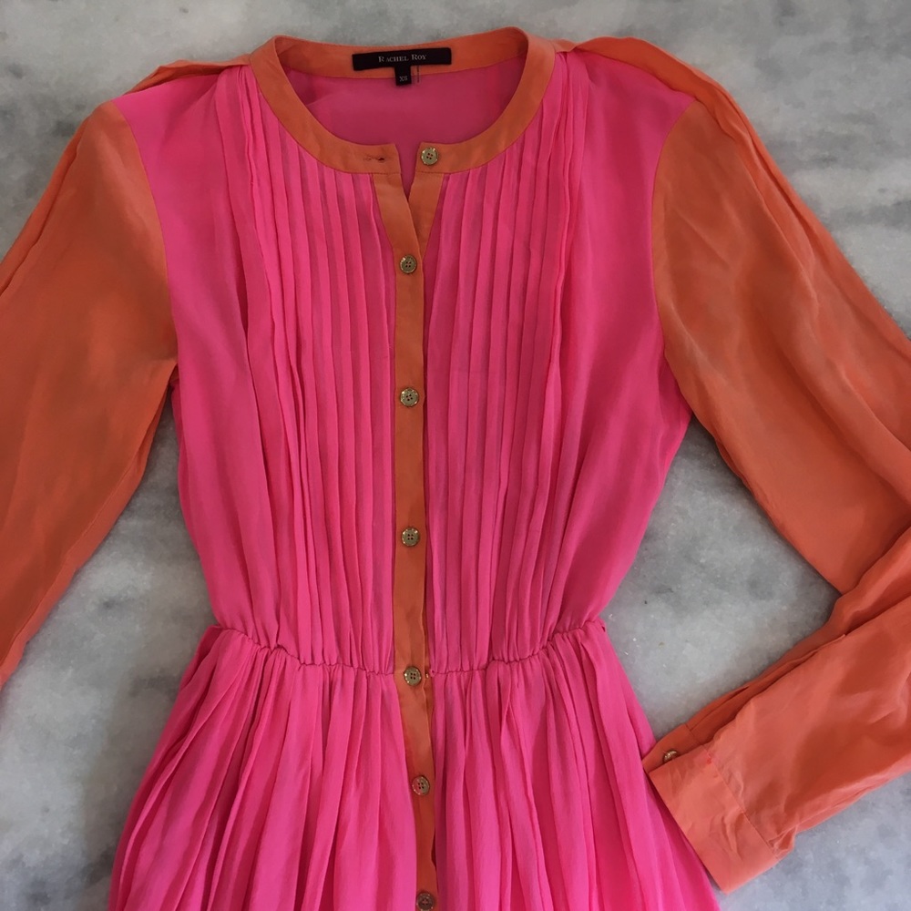 RACHEL ROY Bright Pink Orange Long Sleeve Silk Midi Dress - Picture 8 of 13